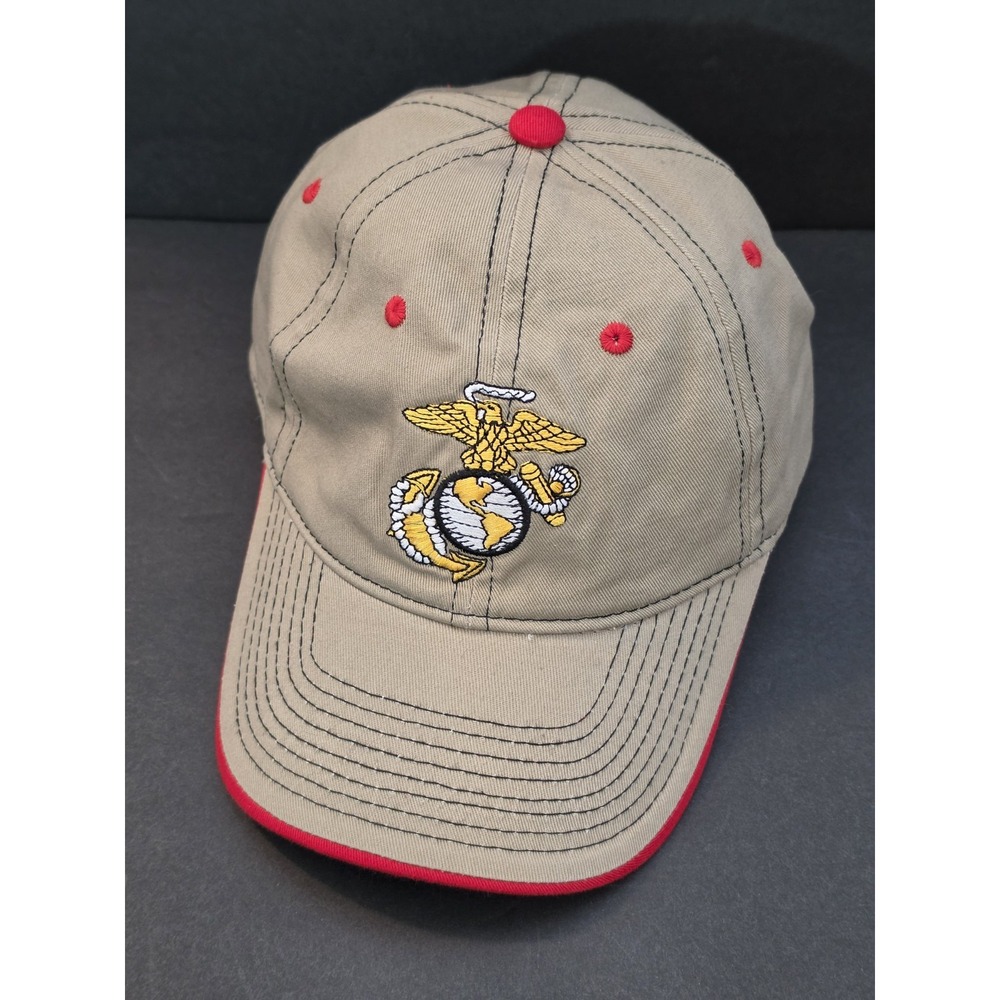 USMC  Strapback Baseball Cap Beige/Red One Size Adjustable Embroidered 6 Panel
